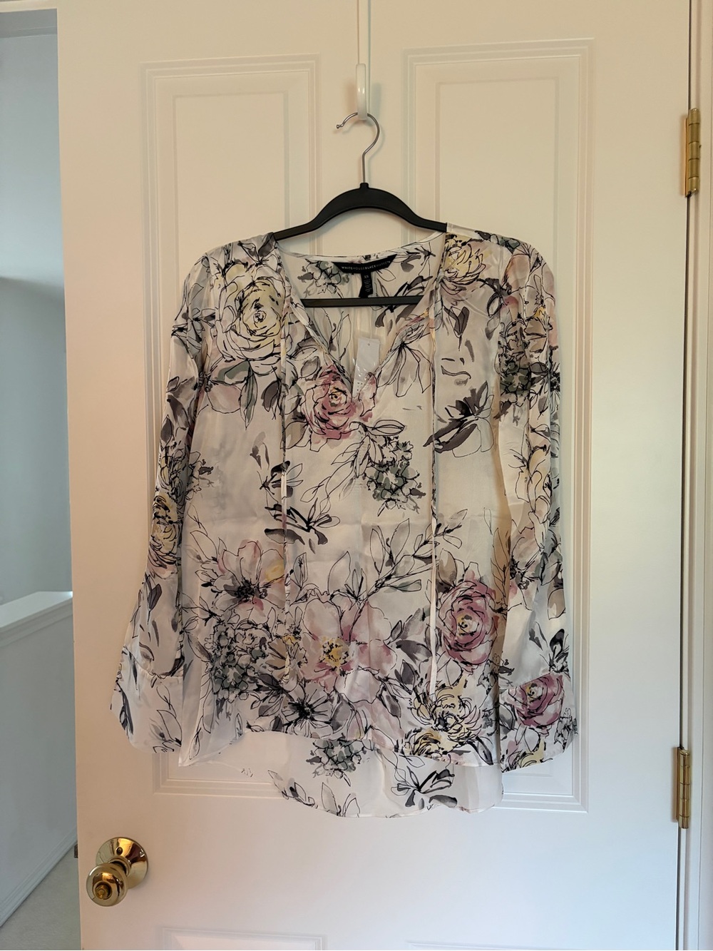 White House Black Market Silk 
Floral V-Neck Blouse in White and Pink